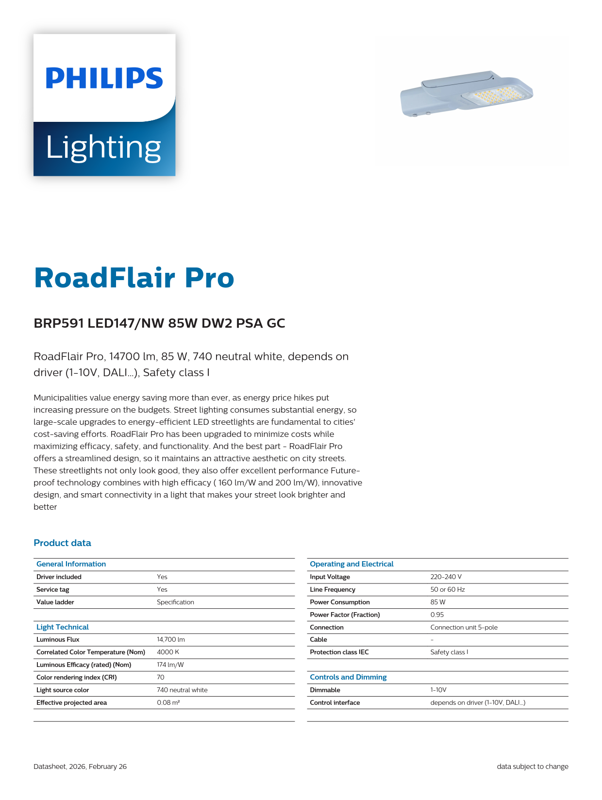 PHILIPS LED Street Light BRP591 LED147/NW 85W DW2 PSA GC 911401648709 PHILIPS LED Street Light BRP591 LED147/NW 85W DW2 PSA GC 911401648709