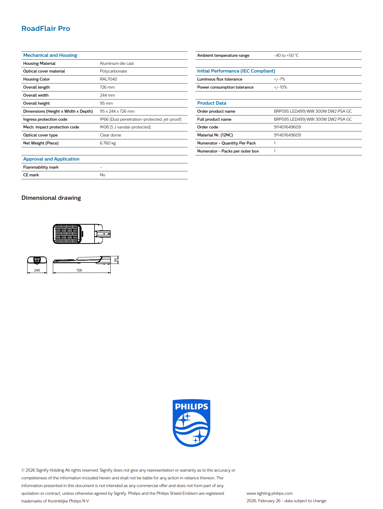 PHILIPS LED Street Light BRP595 LED499/WW 300W DW2 PSA GC 911401649609 PHILIPS LED Street Light BRP595 LED499/WW 300W DW2 PSA GC 911401649609