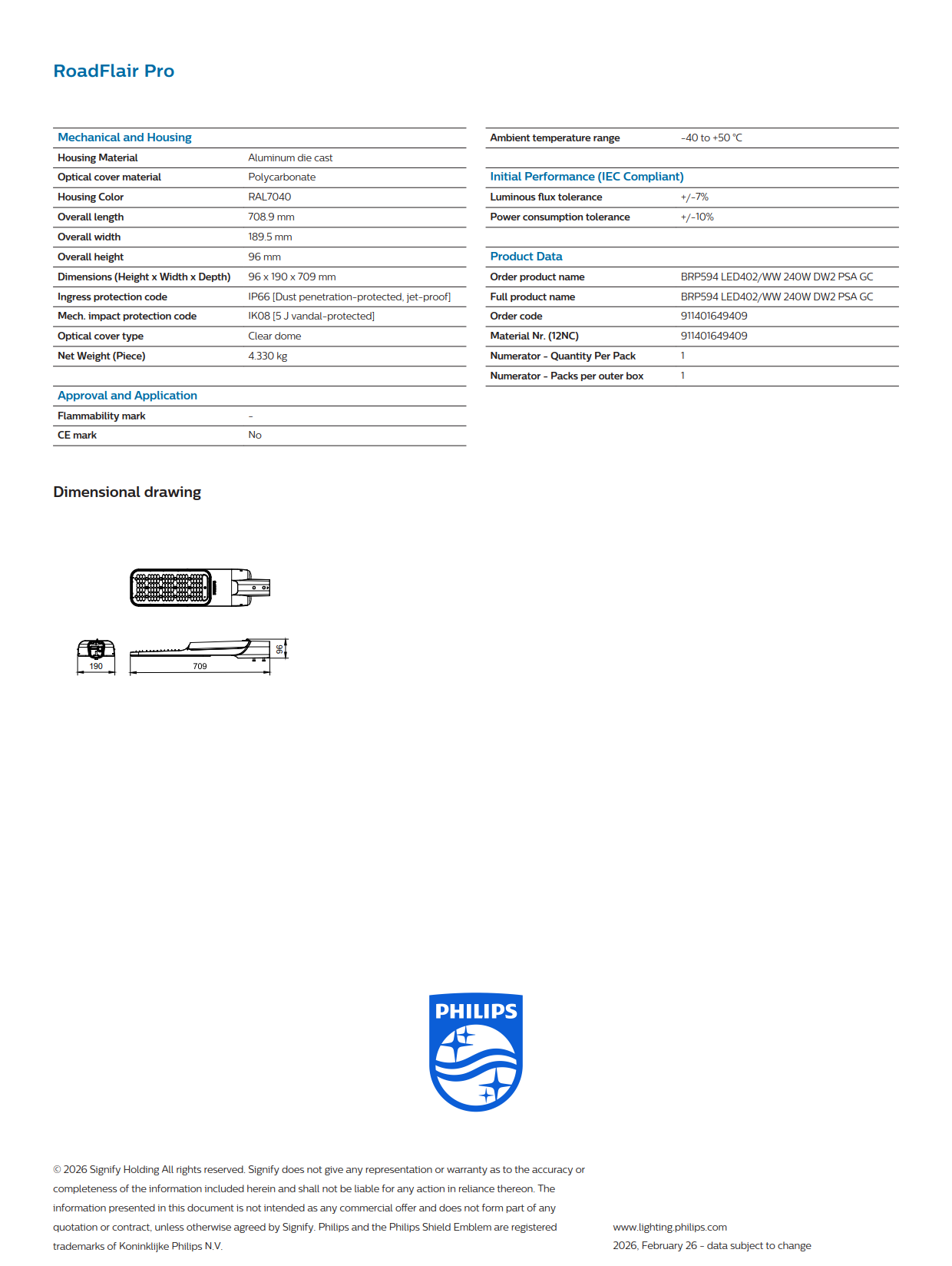 PHILIPS LED Street Light RP594 LED402/WW 240W DW2 PSA GC 911401649409 PHILIPS LED Street Light RP594 LED402/WW 240W DW2 PSA GC 911401649409