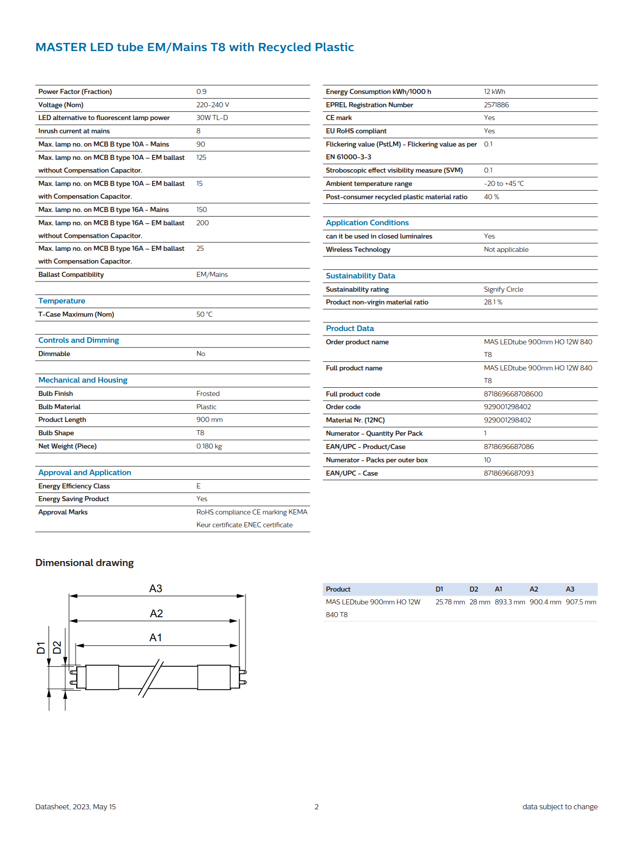 PHILIPS MASTER LED tube MAS LEDtube 900mm HO 12W 840 T8 929001298402 PHILIPS MASTER LED tube MAS LEDtube 900mm HO 12W 840 T8 929001298402