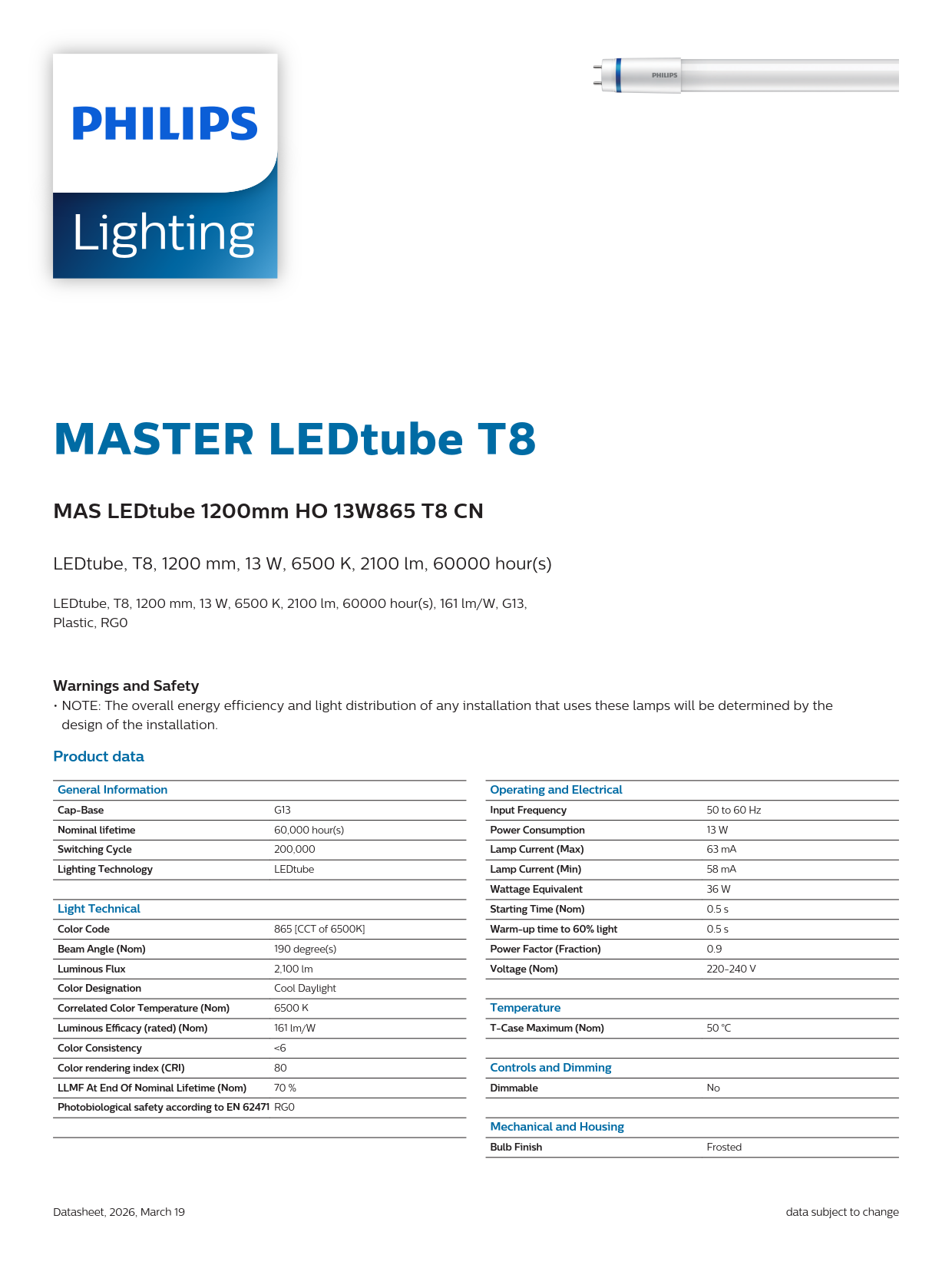 PHILIPS MASTER LED tube MAS LEDtube 1200mm HO 13W 865 T8 CN 929003806210 PHILIPS MASTER LED tube MAS LEDtube 1200mm HO 13W 865 T8 CN 929003806210