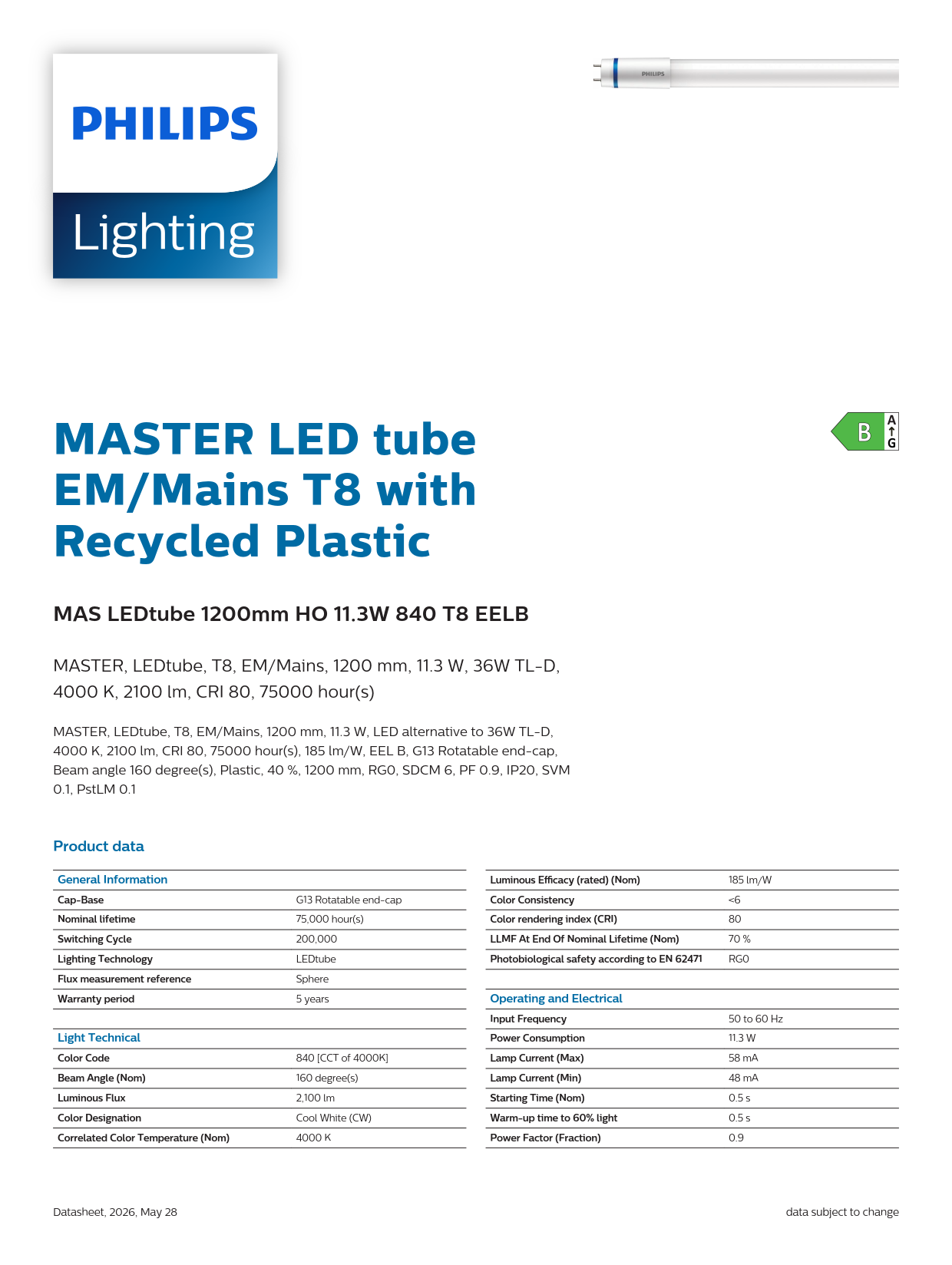 PHILIPS MASTER LED tube MAS LEDtube 1200mm HO 11.3W 840 T8 929004242502 PHILIPS MASTER LED tube MAS LEDtube 1200mm HO 11.3W 840 T8 929004242502