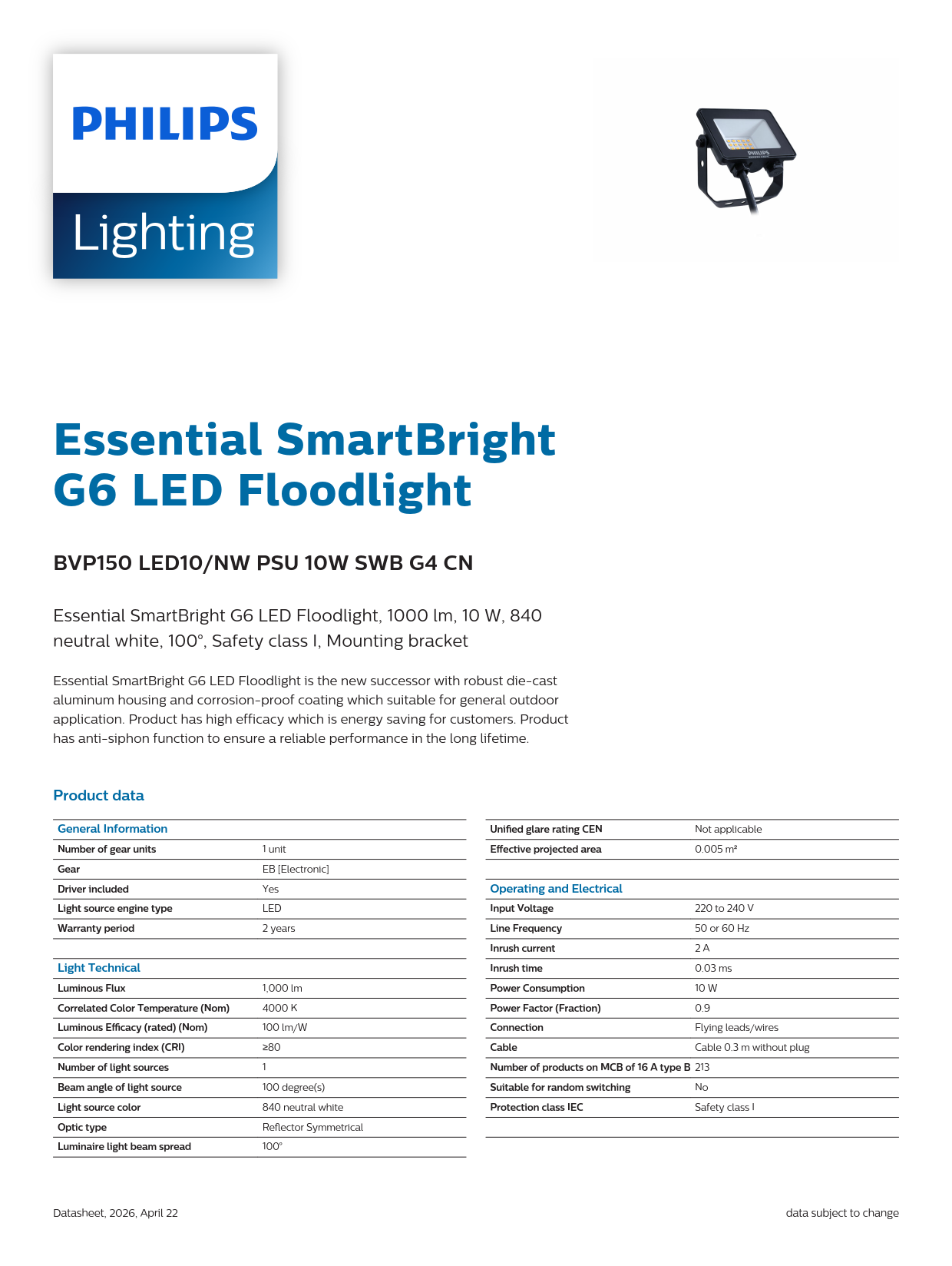 PHILIPS LED Flood Light BVP150 LED10/NW PSU 10W SWB G4 CN 911401860488 PHILIPS LED Flood Light BVP150 LED10/NW PSU 10W SWB G4 CN 911401860488