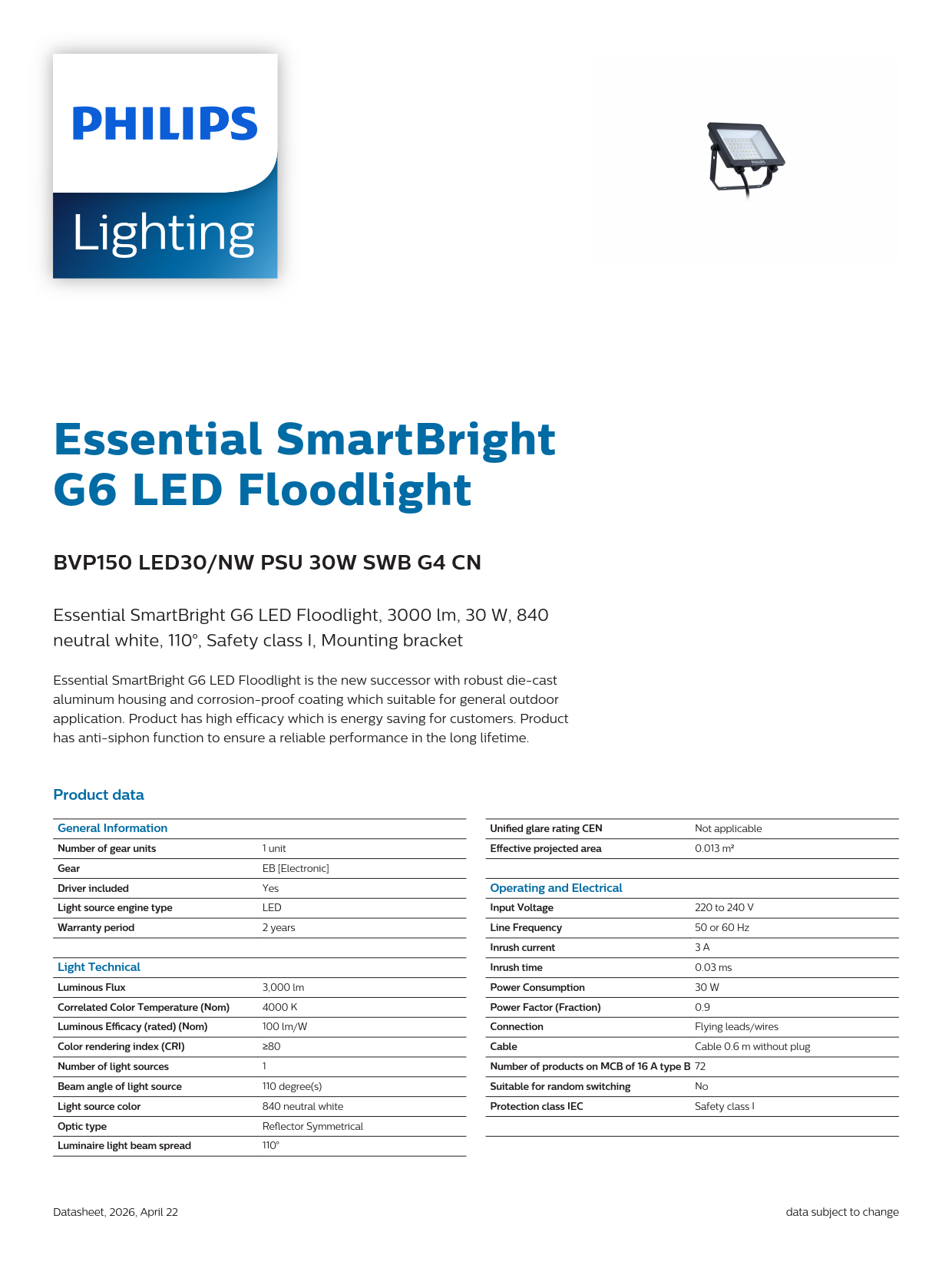 PHILIPS LED Flood Light BVP150 LED30/NW PSU 30W SWB G4 CN 911401861088 PHILIPS LED Flood Light BVP150 LED30/NW PSU 30W SWB G4 CN 911401861088