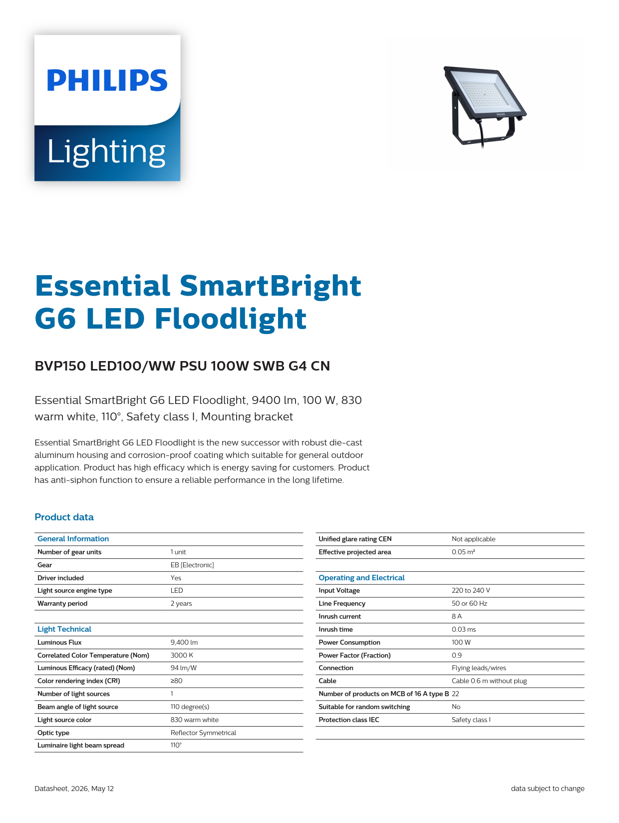 PHILIPS LED Flood Light BVP150 LED100/WW PSU 100W SWB G4 CN 911401861888