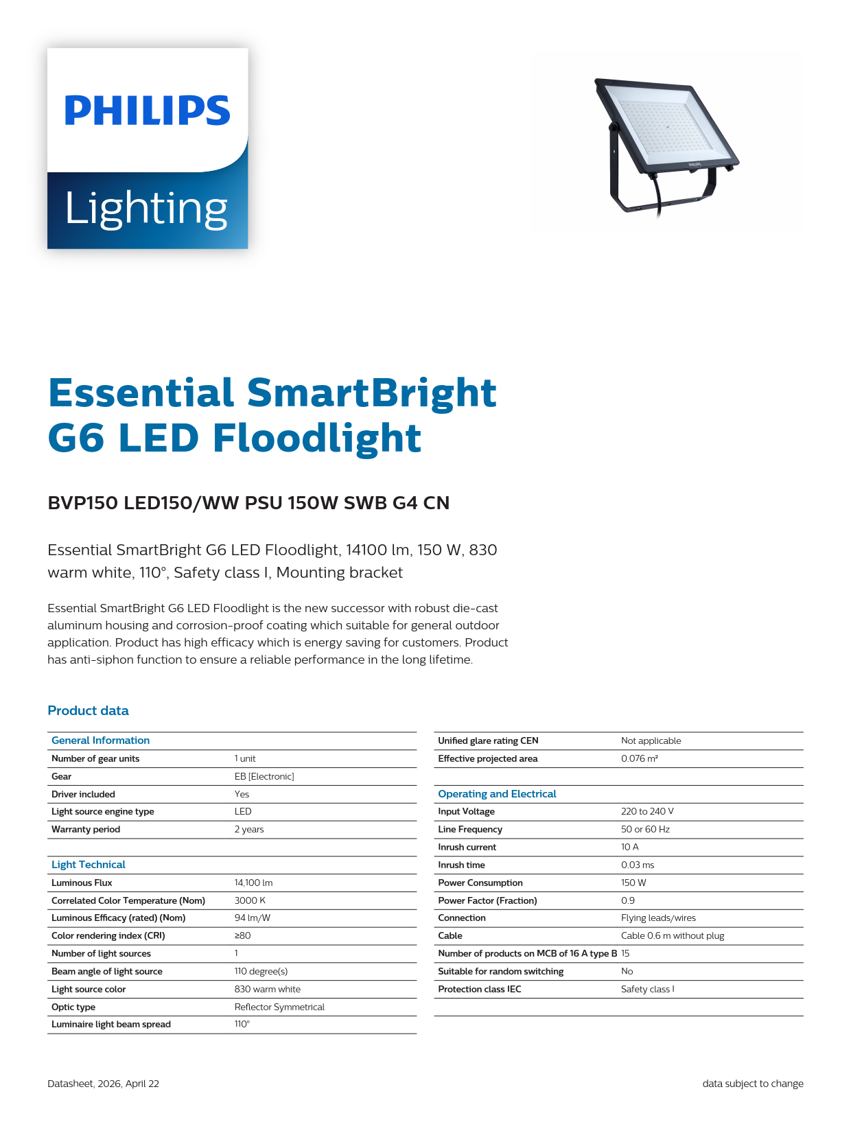 PHILIPS LED Flood Light BVP150 LED150/WW PSU 150W SWB G4 CN 911401862188 PHILIPS LED Flood Light BVP150 LED150/WW PSU 150W SWB G4 CN 911401862188