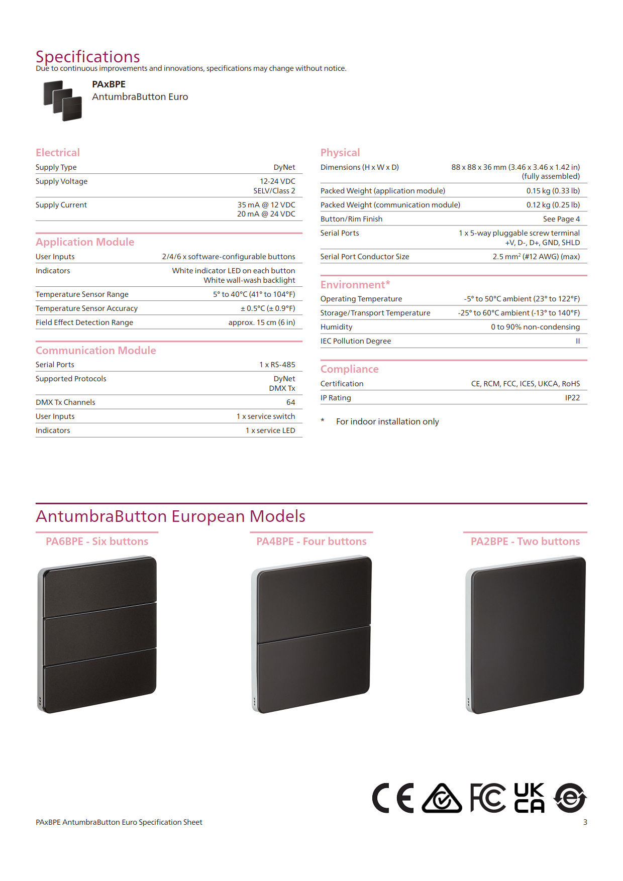 PHILIPS Dynalite PA2BPE PA4BPE PA6BPE PAXBPE  AntumbraButton user interface