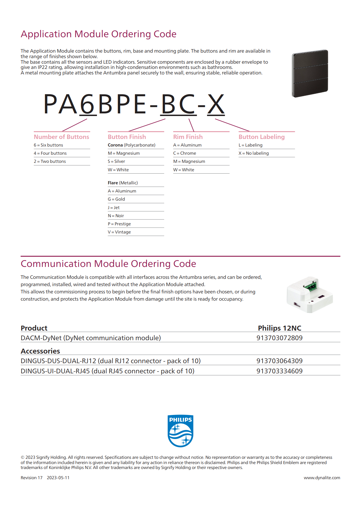 PHILIPS Dynalite PA2BPE PA4BPE PA6BPE PAXBPE  AntumbraButton user interface