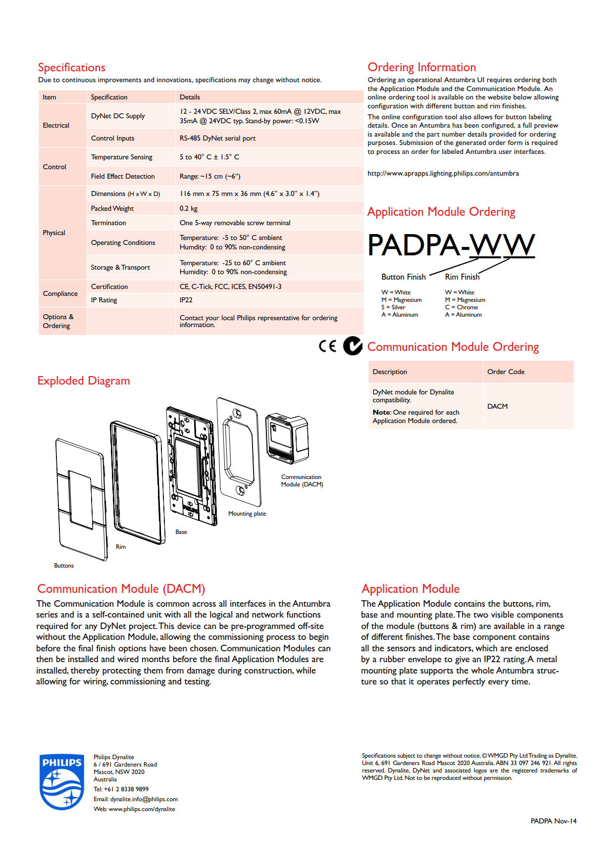 PHILIPS Dynalite PADPA AntumbraDisplay User Interfaces PHILIPS Dynalite PADPA AntumbraDisplay User Interfaces