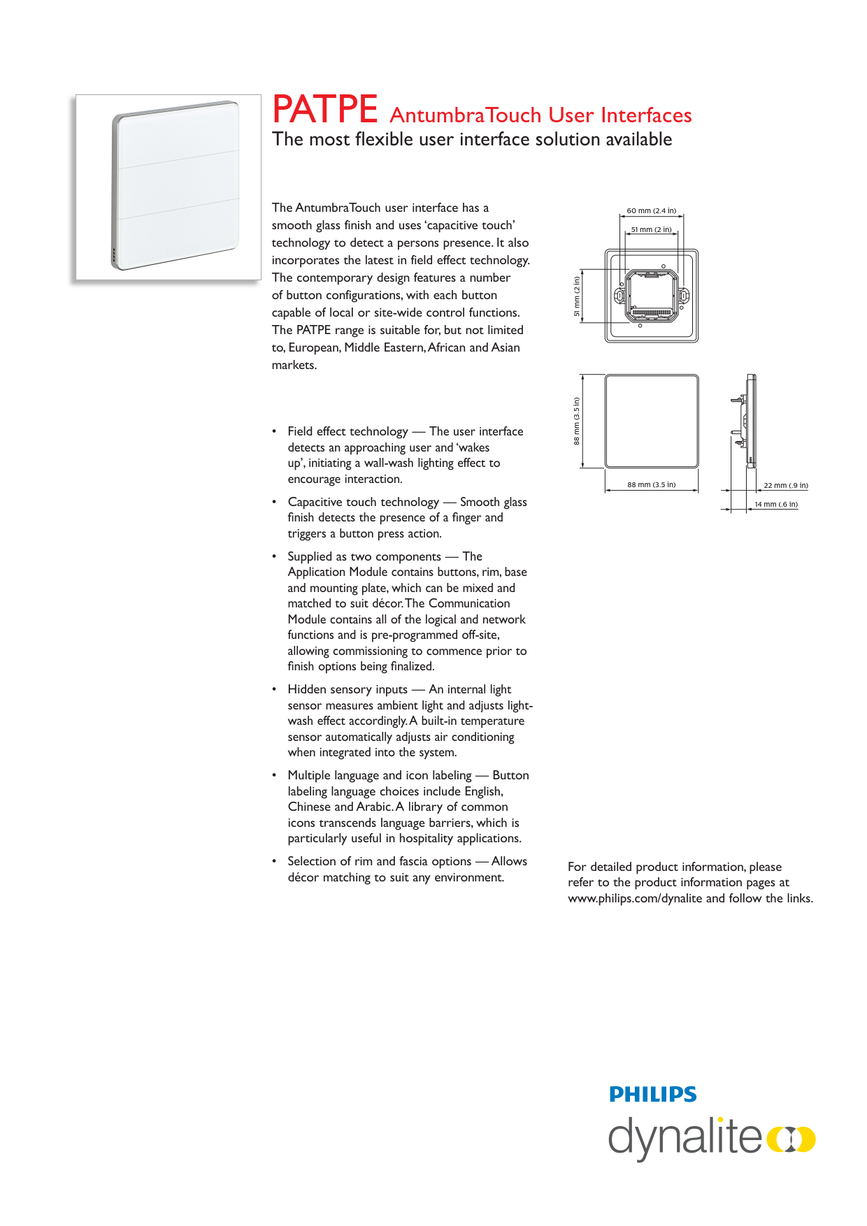 PHILIPS Dynalite PATPE AntumbraTouch European User Interfaces 913703050909 PHILIPS Dynalite PATPE AntumbraTouch European User Interfaces 913703050909