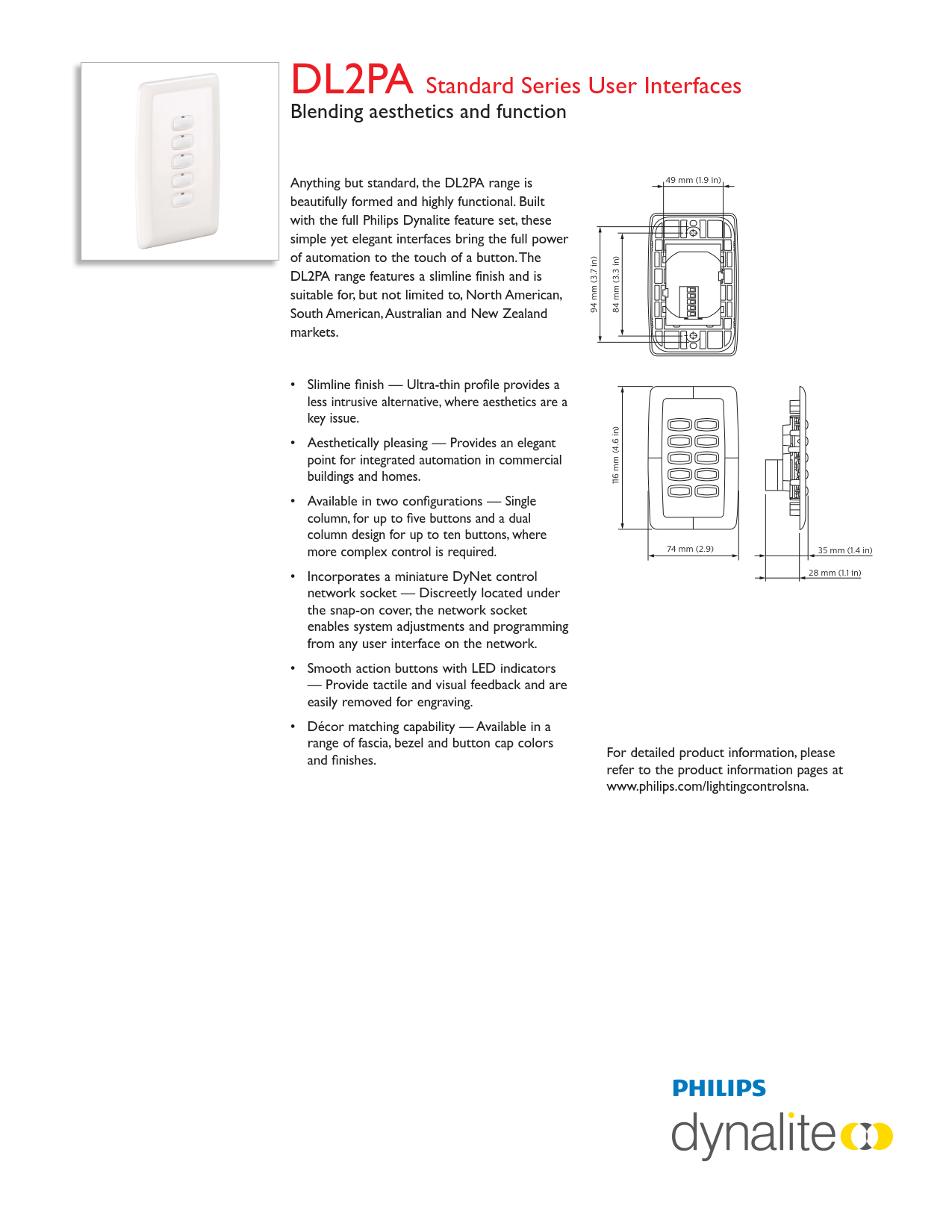 PHILIPS Dynalite DL2PA Standard Series American User Interfaces