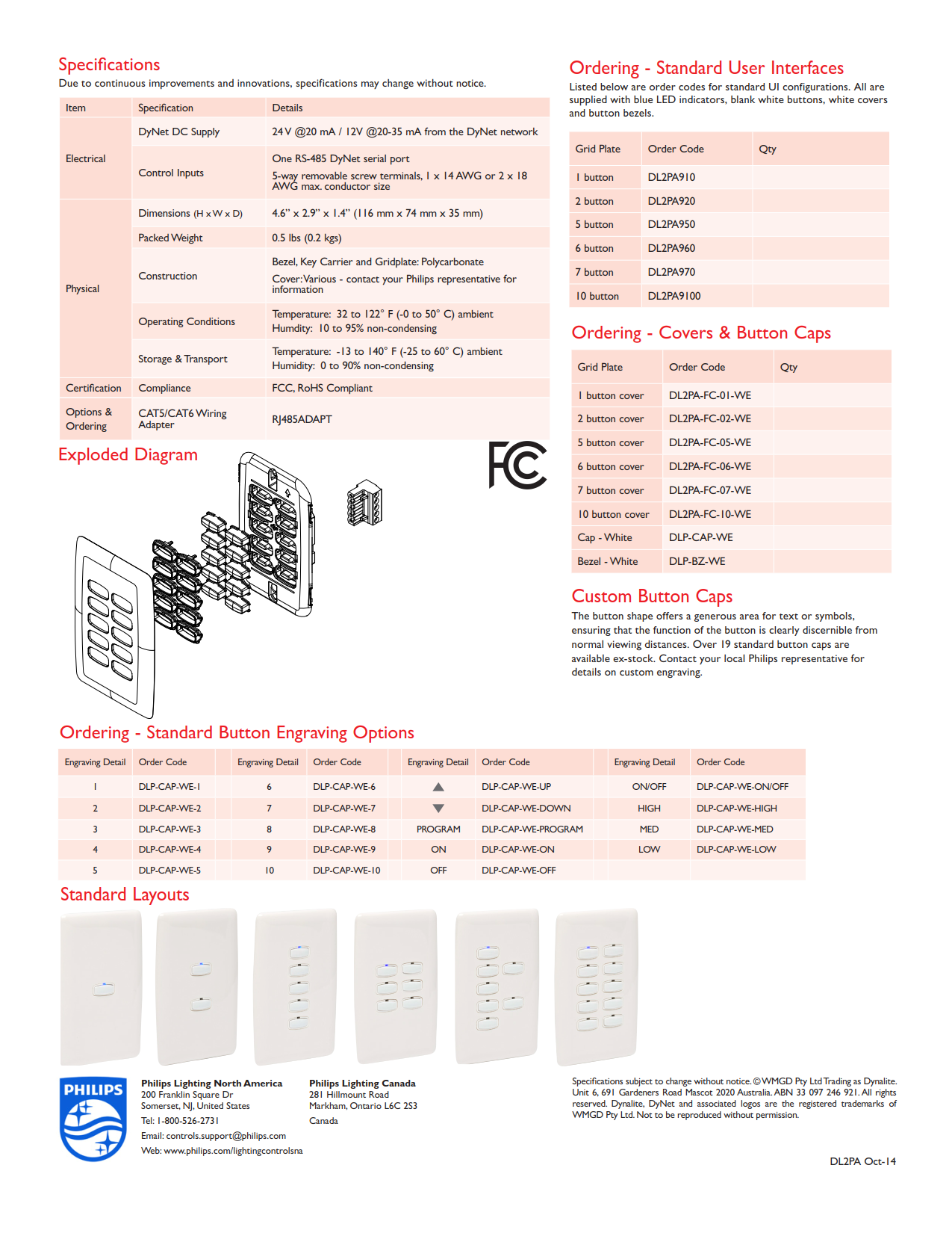 PHILIPS Dynalite DL2PA Standard Series American User Interfaces