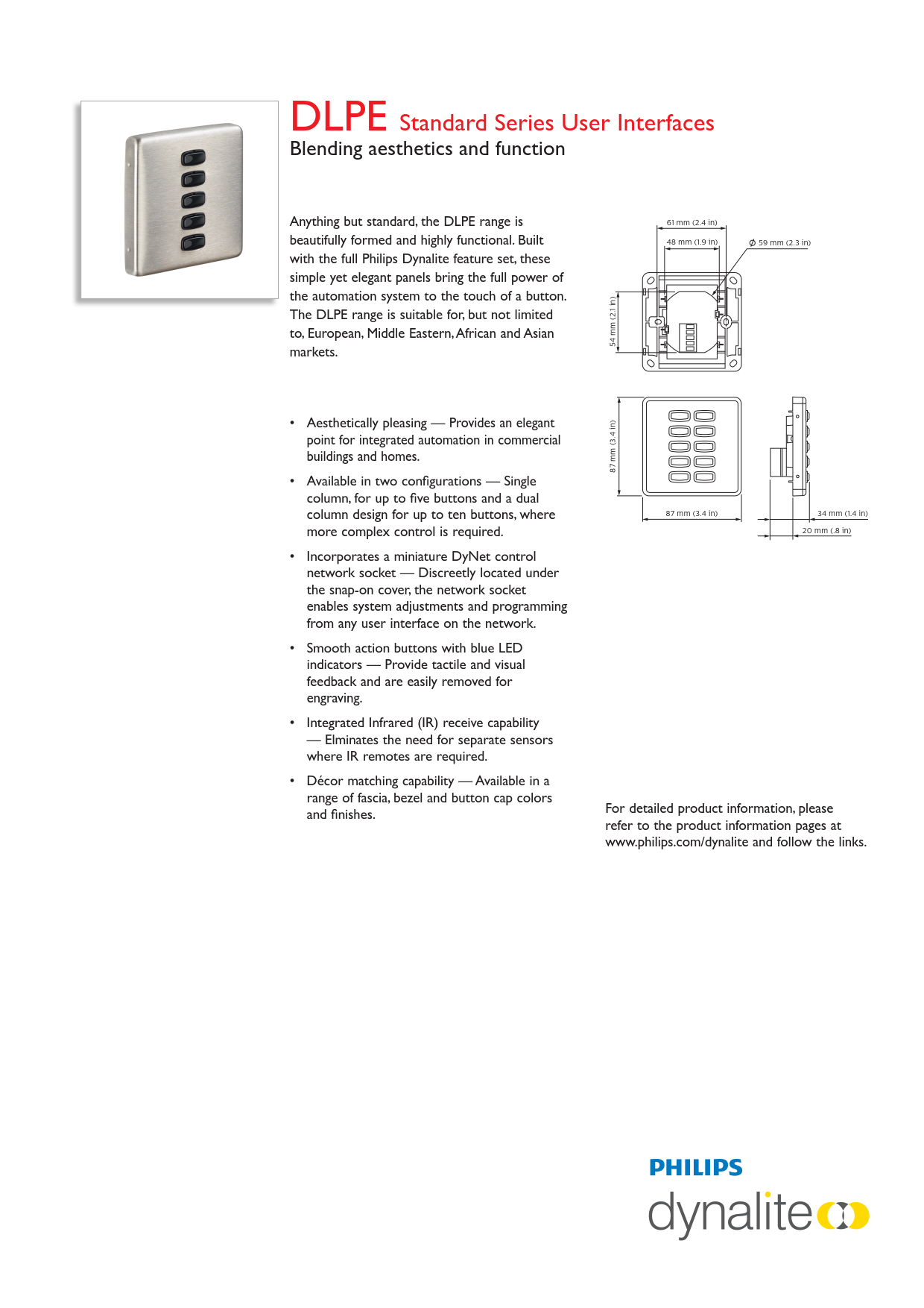 PHILIPS Dynalite DLPE Standard Series European User Interfaces