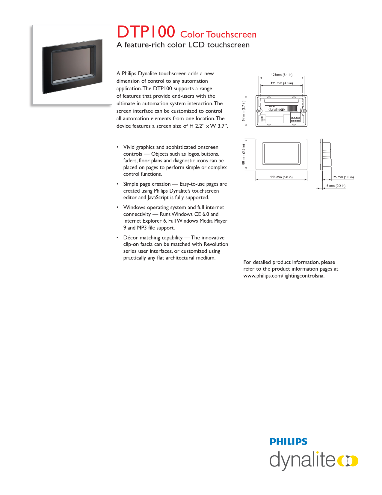 PHILIPS Dynalite DTP100 Color Touchscreen User Interfaces PHILIPS Dynalite DTP100 Color Touchscreen User Interfaces