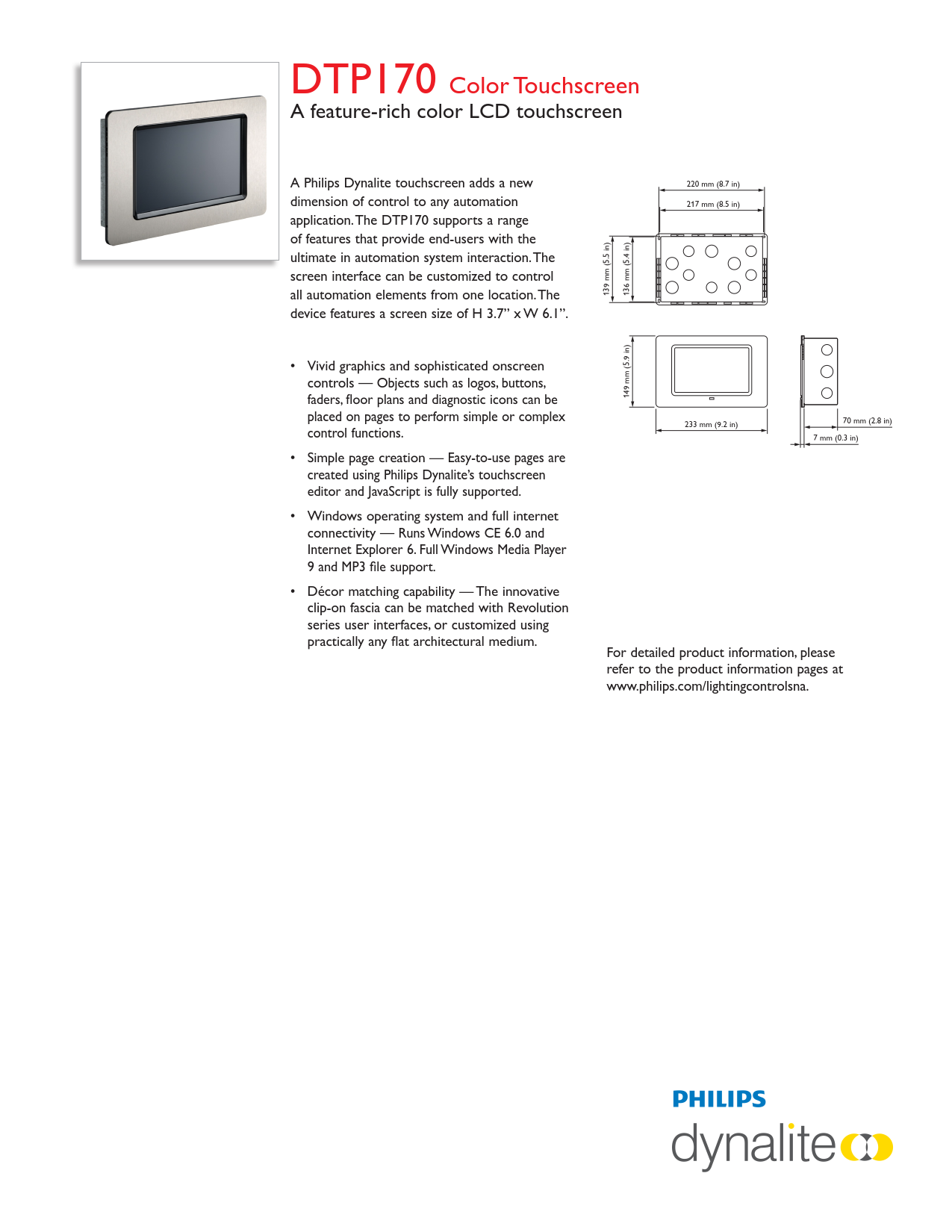 PHILIPS Dynalite DTP170 Color Touchscreen User Interfaces PHILIPS Dynalite DTP170 Color Touchscreen User Interfaces