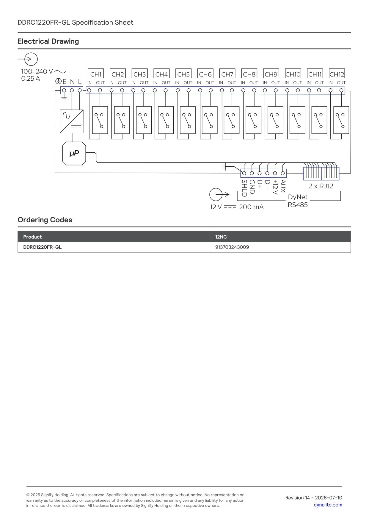 Signify Dynalite PHILIPS Dynalite DDRC1220FR-GL Twelve-Channel Relay Controller 913703243009 Signify Dynalite PHILIPS Dynalite DDRC1220FR-GL Twelve-Channel Relay Controller 913703243009