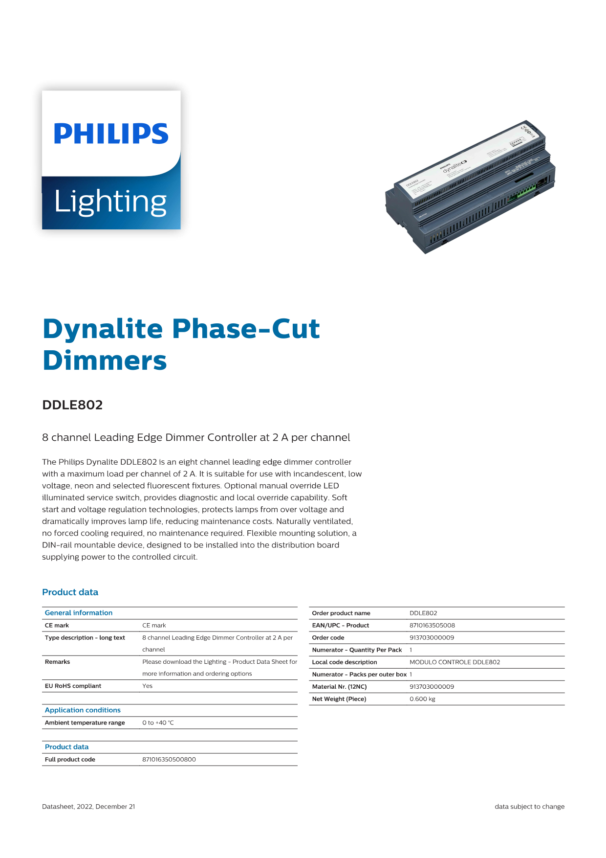Signify Dynalite PHILIPS Dynalite DDLE802 Leading Edge Dimmer Controller 913703000009 Signify Dynalite PHILIPS Dynalite DDLE802 Leading Edge Dimmer Controller 913703000009