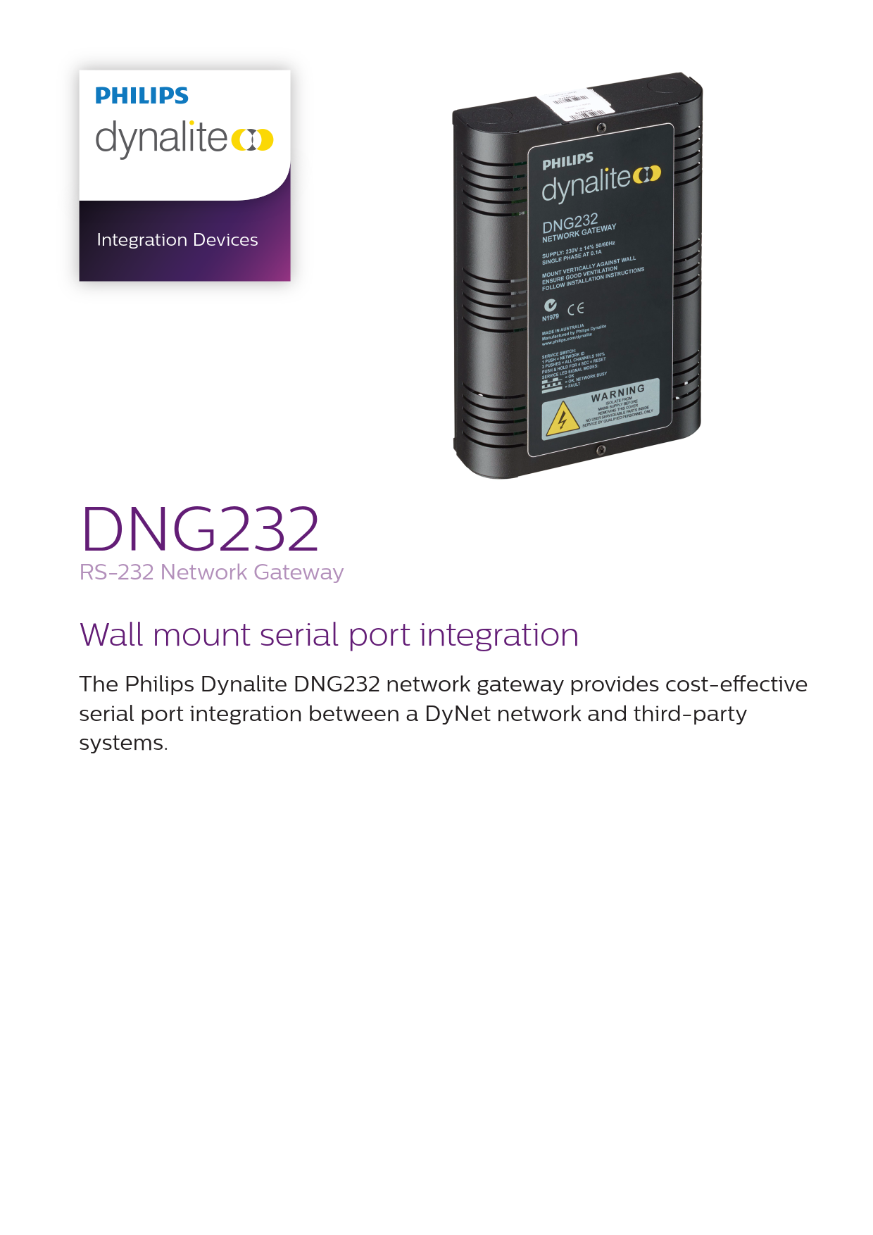 Signify Dynalite PHILIPS Dynalite DNG232 RS-232 Network Gateway 913703082109 Signify Dynalite PHILIPS Dynalite DNG232 RS-232 Network Gateway 913703082109