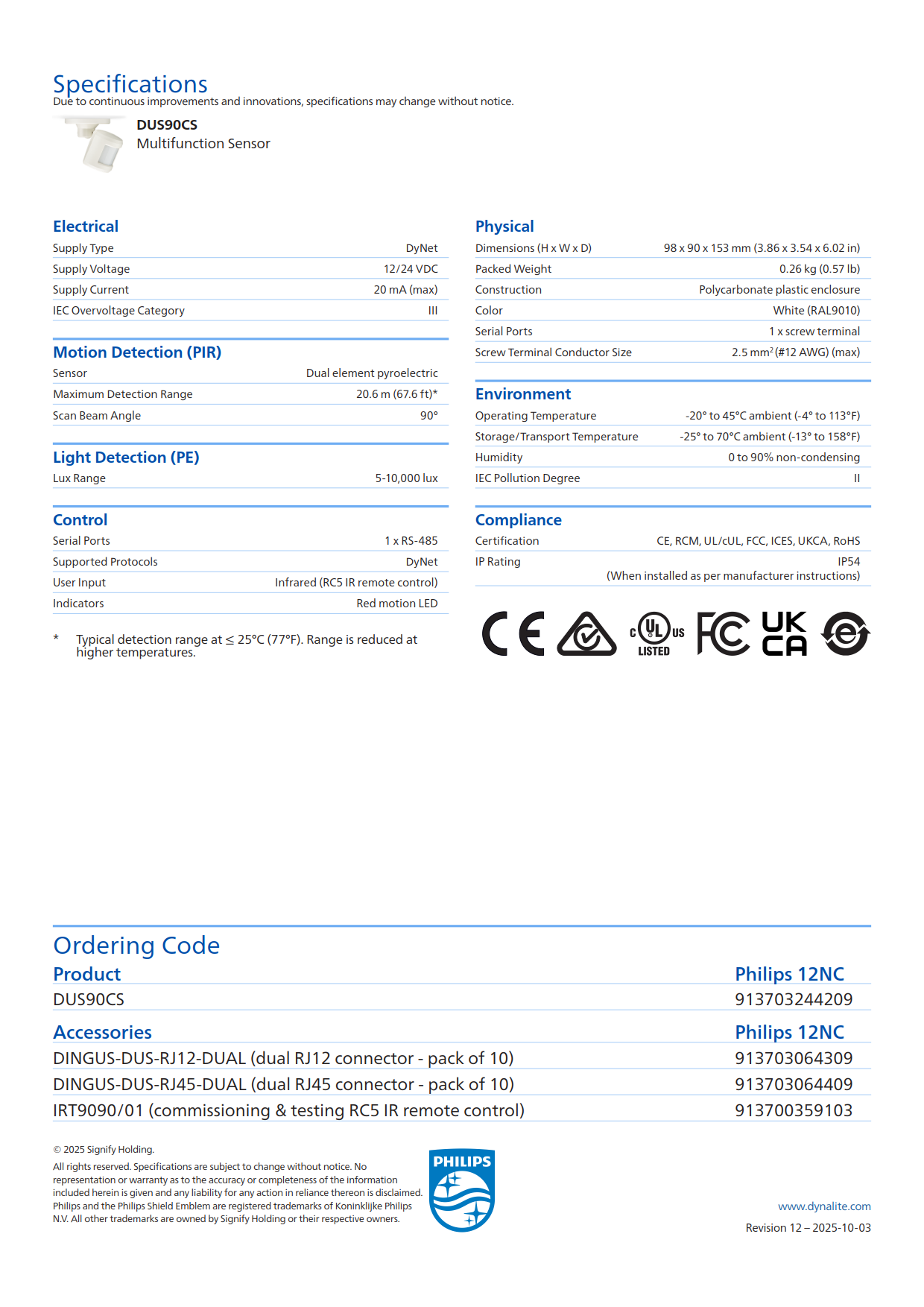 Signify Dynalite PHILIPS Dynalite DUS90CS Multifunction Sensor 913703244209 Signify Dynalite PHILIPS Dynalite DUS90CS Multifunction Sensor 913703244209