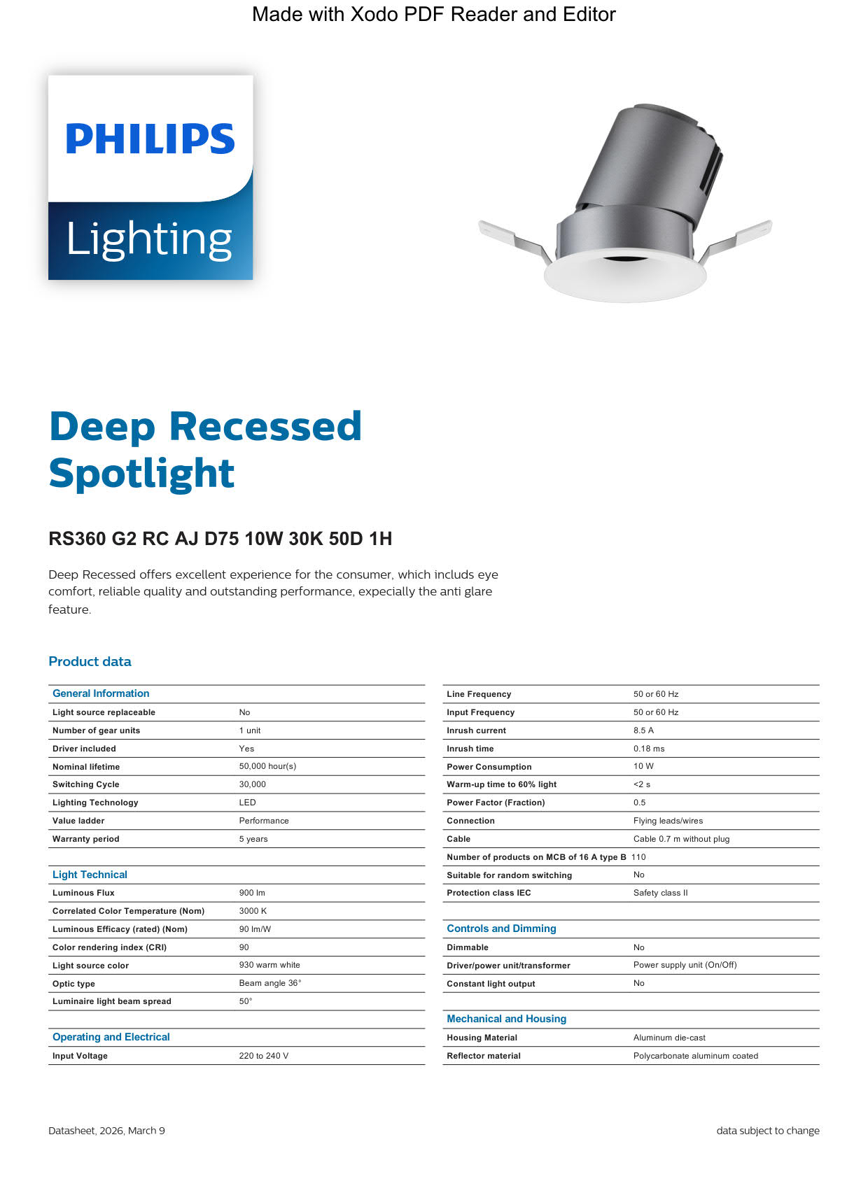 PHILIPS LED Downlight RS360 G2 RC AJ D75 10W 30K 50D 1H 929003217811 PHILIPS LED Downlight RS360 G2 RC AJ D75 10W 30K 50D 1H 929003217811
