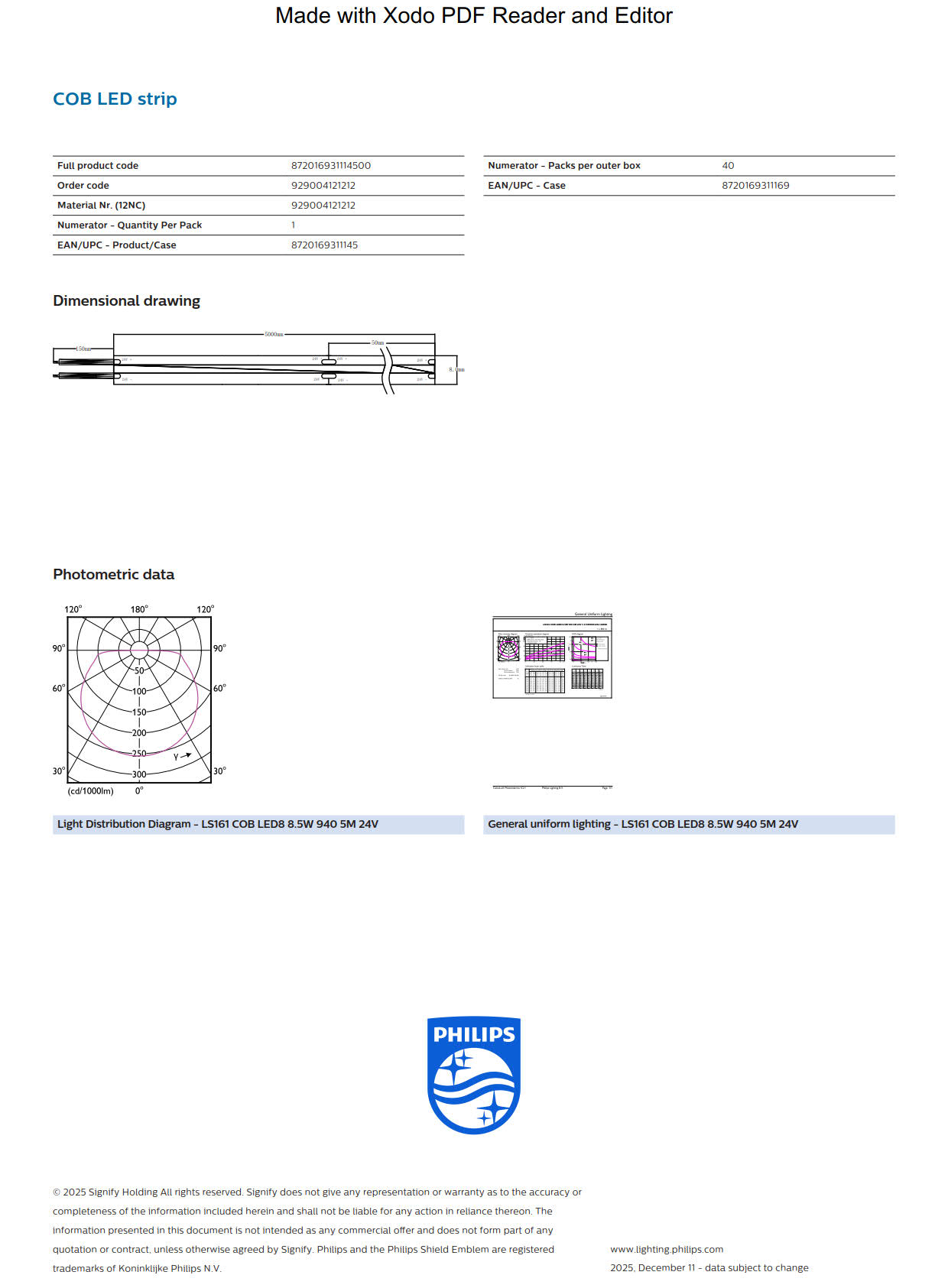 PHILIPS LED Strip Light LS161 COB LED8 8.5W 940 5M 24V 929004121212 PHILIPS LED Strip Light LS161 COB LED8 8.5W 940 5M 24V 929004121212