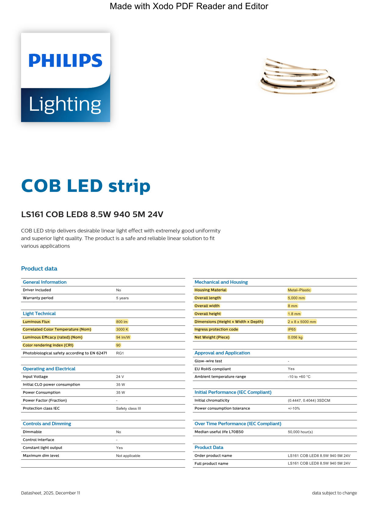 PHILIPS LED Strip Light LS161 COB LED8 8.5W 940 5M 24V 929004121212 PHILIPS LED Strip Light LS161 COB LED8 8.5W 940 5M 24V 929004121212
