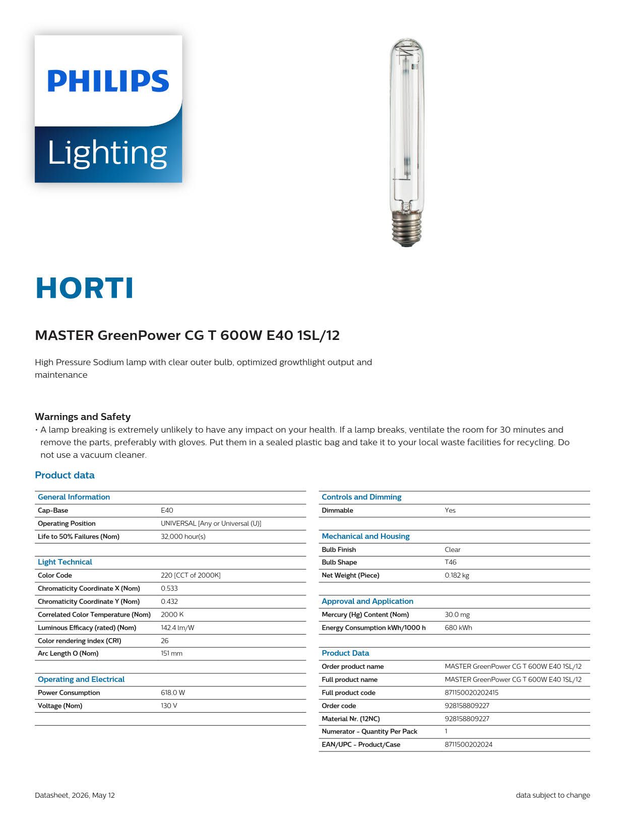 PHILIPS High-pressure Sodium Lamp HPS HORTI MASTER GreenPower CG T 600W, E40, 1SL/12, 928158809227