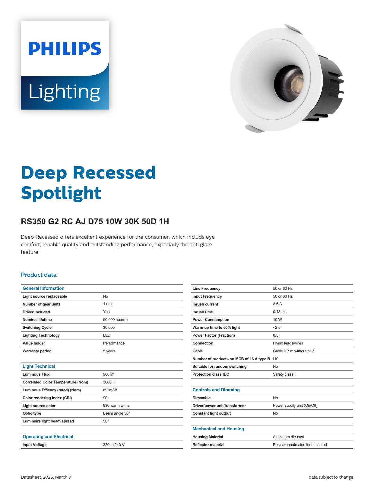 PHILIPS LED Downlight RS350 G2 RC AJ D75 10W 30K 50D 1H 929003217911 PHILIPS LED Downlight RS350 G2 RC AJ D75 10W 30K 50D 1H 929003217911