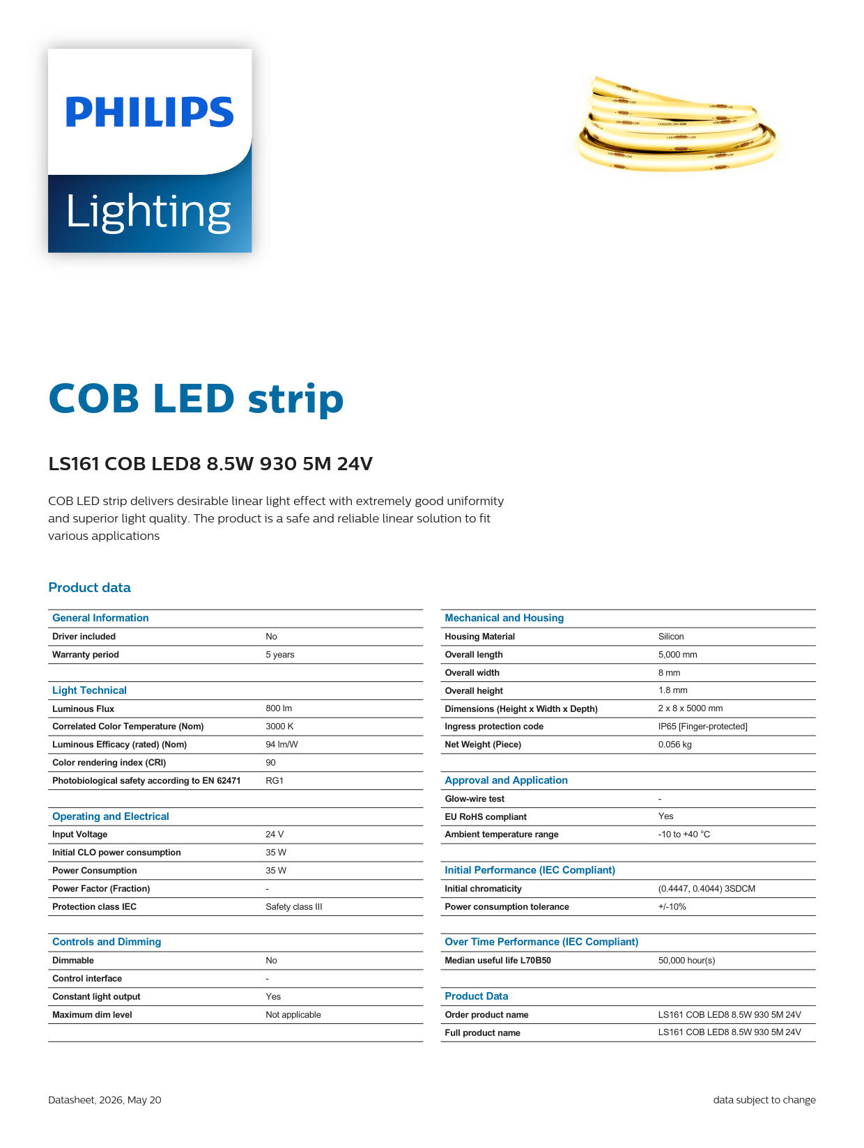 PHILIPS LED Strip Light COB LED strip LS161 COB LED8 8.5W 930 5M 24V 929004121122 PHILIPS LED Strip Light COB LED strip LS161 COB LED8 8.5W 930 5M 24V 929004121122